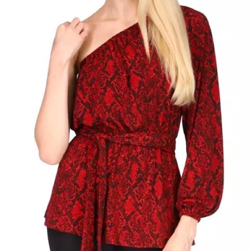 NEW Michael Kors Plus Size 2X Python One Shoulder Tunic Belted Red Black Stretch